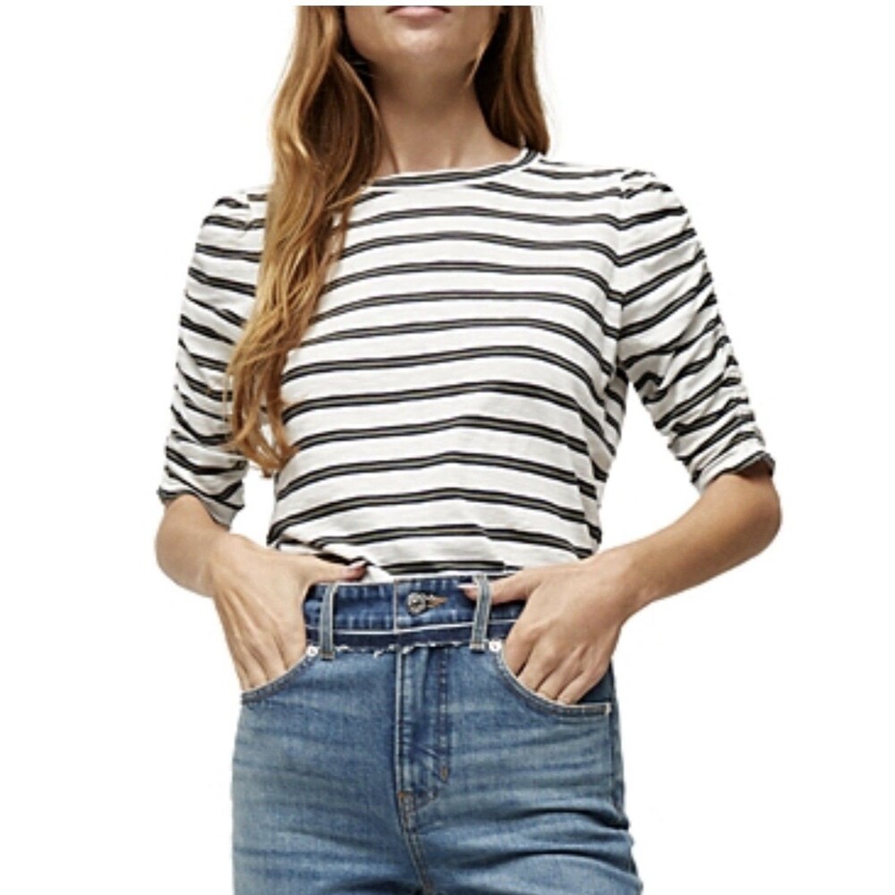 Veronica Beard Waldorf Ruched Sleeve Tee S White Mustard Navy Stripe Flawed Read